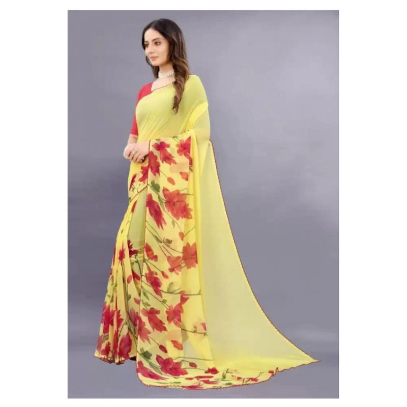 Mayawye Women's Georgette Printed Saree With Unstitched Blouse (Yellow)