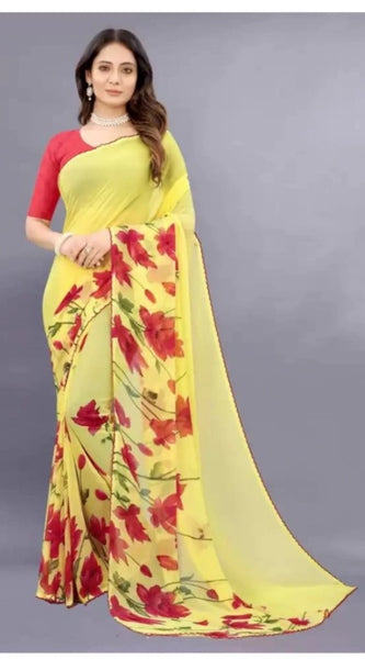 Mayawye Women's Georgette Printed Saree With Unstitched Blouse (Yellow)