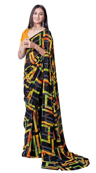 Mayawye Women's Georgette Printed Saree With Unstitched Blouse (Yellow)