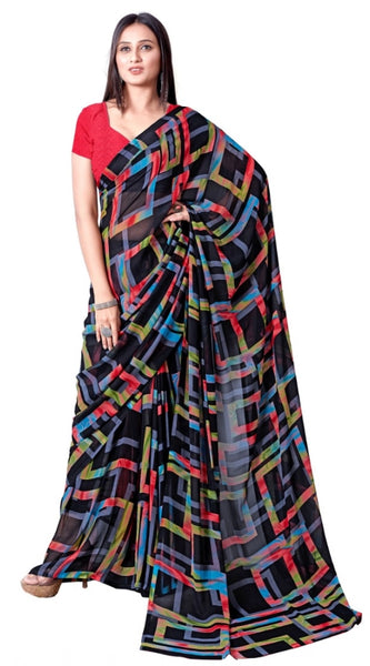 Mayawye Women's Georgette Printed Saree With Unstitched Blouse (Red)