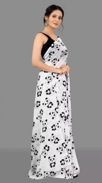 Mayawye Women's Georgette Printed Saree With Unstitched Blouse (White)
