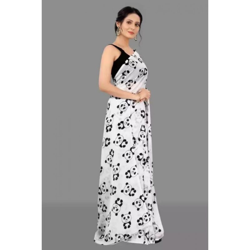 Mayawye Women's Georgette Printed Saree With Unstitched Blouse (White)