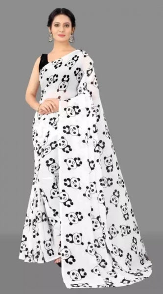 Mayawye Women's Georgette Printed Saree With Unstitched Blouse (White)