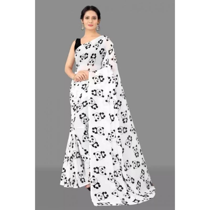 Mayawye Women's Georgette Printed Saree With Unstitched Blouse (White)