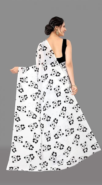 Mayawye Women's Georgette Printed Saree With Unstitched Blouse (White)