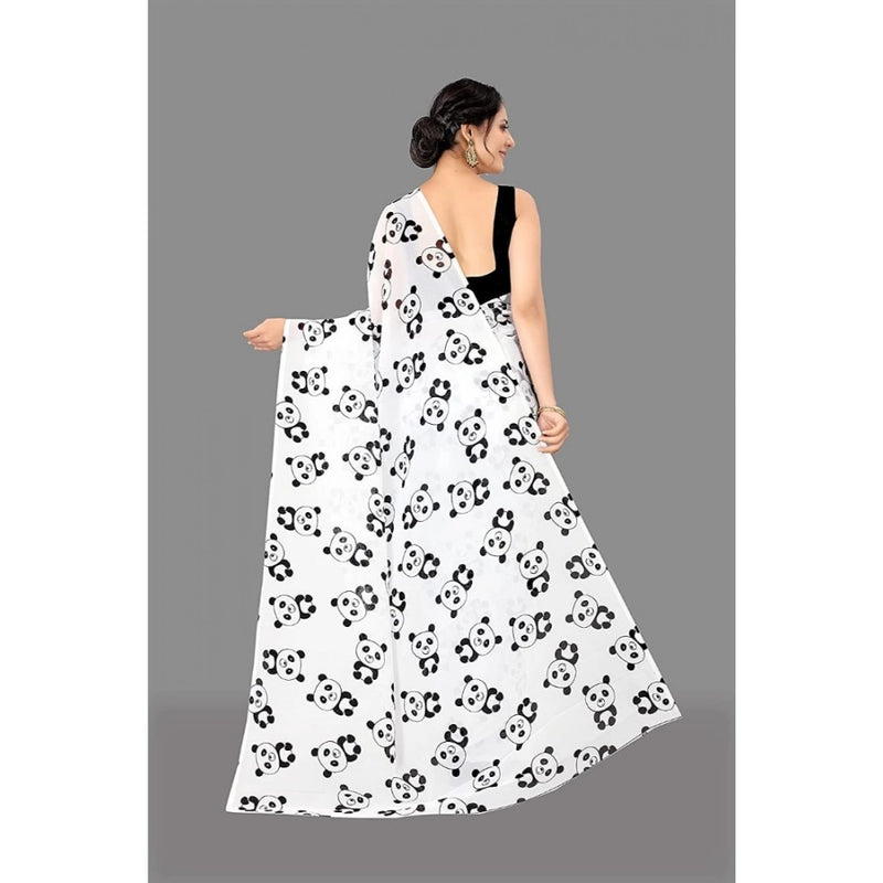 Mayawye Women's Georgette Printed Saree With Unstitched Blouse (White)