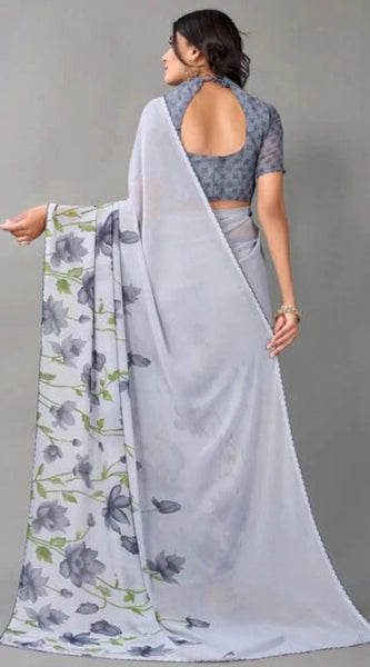 Mayawye Women's Georgette Printed Saree With Unstitched Blouse (Grey)