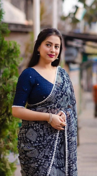 Mayawye Women's Georgette Printed Saree With Unstitched Blouse (Navyblue)