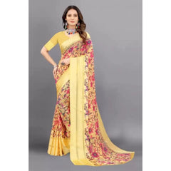 Mayawye Women's Satin Patta Printed Saree With Unstitched Blouse (Yellow)