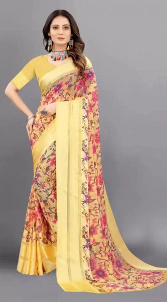 Mayawye Women's Satin Patta Printed Saree With Unstitched Blouse (Yellow)