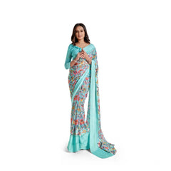 Mayawye Women's Satin Patta Printed Saree With Unstitched Blouse (Skyblue)
