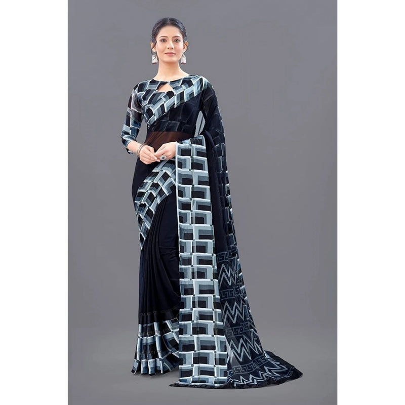 Mayawye Women's Satin Patta Printed Saree With Unstitched Blouse (Black)