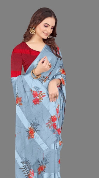 Mayawye Women's Satin Patta Printed Saree With Unstitched Blouse (Grey)