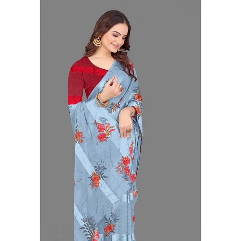 Mayawye Women's Satin Patta Printed Saree With Unstitched Blouse (Grey)