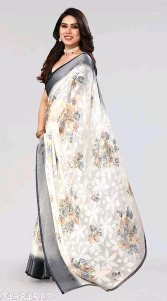 Mayawye Women's Viscose Rayon Printed Saree With Unstitched Blouse (Black)