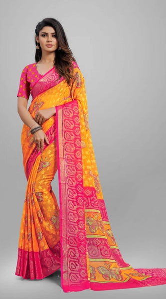 Mayawye Women's Viscose Rayon Printed Saree With Unstitched Blouse (Yellow)