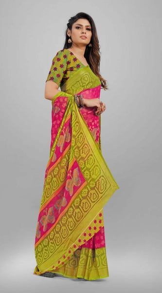 Mayawye Women's Viscose Rayon Printed Saree With Unstitched Blouse (Pink)