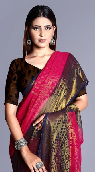 Mayawye Women's Viscose Rayon Printed Saree With Unstitched Blouse (Pink)