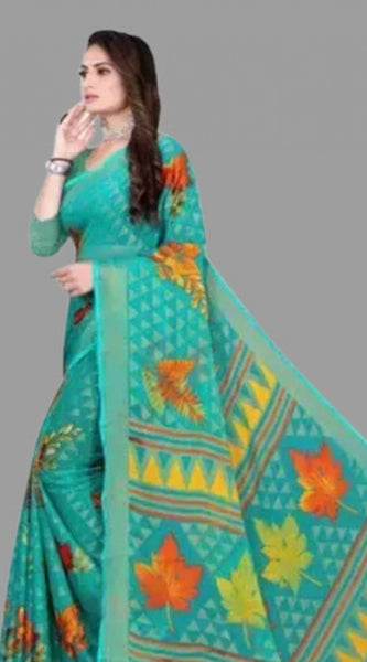 Mayawye Women's Viscose Rayon Printed Saree With Unstitched Blouse (Teal)