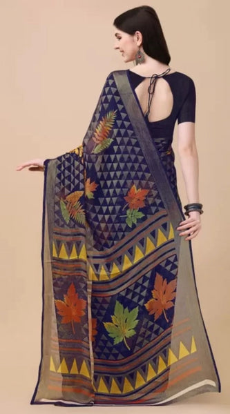 Mayawye Women's Viscose Rayon Printed Saree With Unstitched Blouse (Navy Blue)