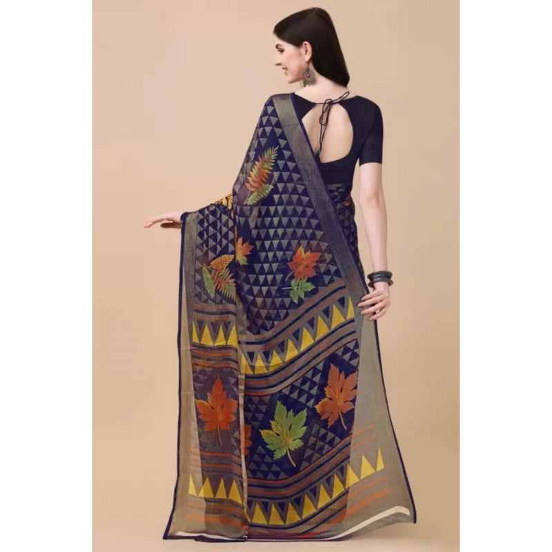 Mayawye Women's Viscose Rayon Printed Saree With Unstitched Blouse (Navy Blue)