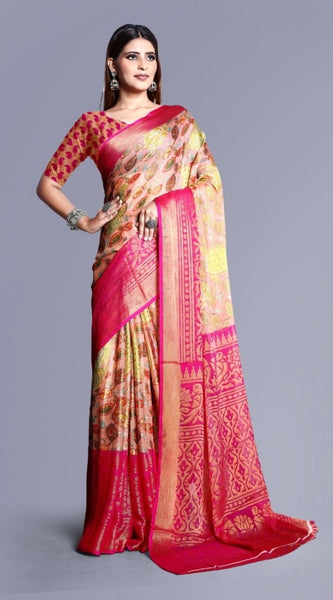 Mayawye Women's Viscose Rayon Printed Saree With Unstitched Blouse (Pink)