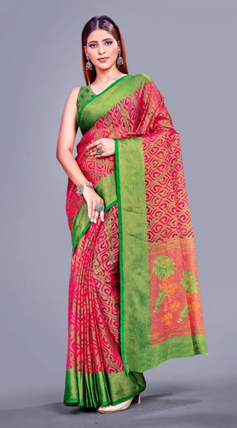 Mayawye Women's Viscose Rayon Printed Saree With Unstitched Blouse (Pink)