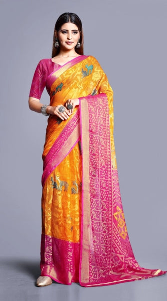 Mayawye Women's Viscose Rayon Printed Saree With Unstitched Blouse (Yellow)