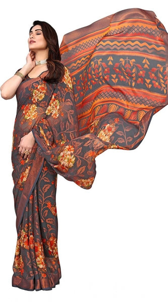 Mayawye Women's Viscose Rayon Printed Saree With Unstitched Blouse (Grey)