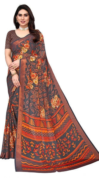 Mayawye Women's Viscose Rayon Printed Saree With Unstitched Blouse (Grey)