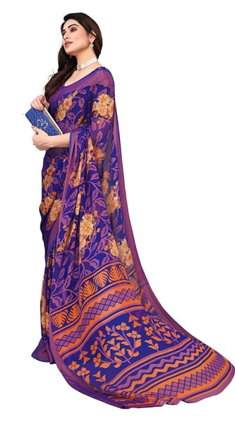 Mayawye Women's Viscose Rayon Printed Saree With Unstitched Blouse (Blue)