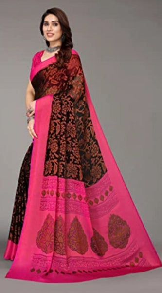 Mayawye Women's Viscose Rayon Printed Saree With Unstitched Blouse (Black)
