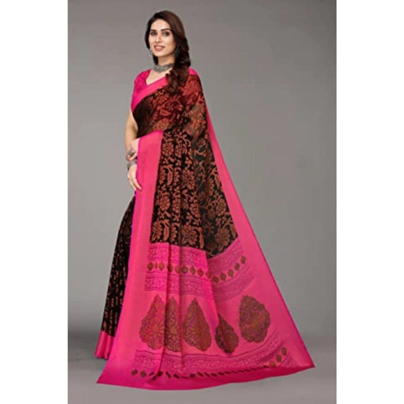 Mayawye Women's Viscose Rayon Printed Saree With Unstitched Blouse (Black)