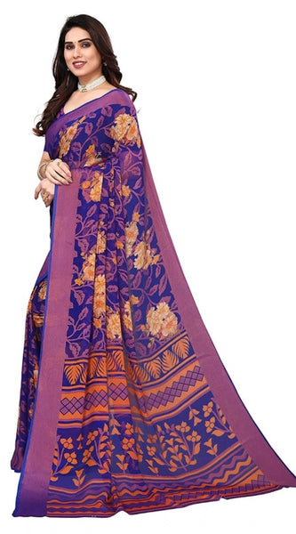 Mayawye Women's Viscose Rayon Printed Saree With Unstitched Blouse (Blue)