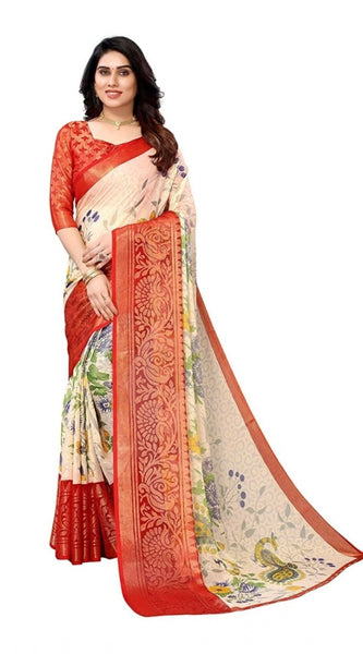 Mayawye Women's Viscose Rayon Printed Saree With Unstitched Blouse (Red)