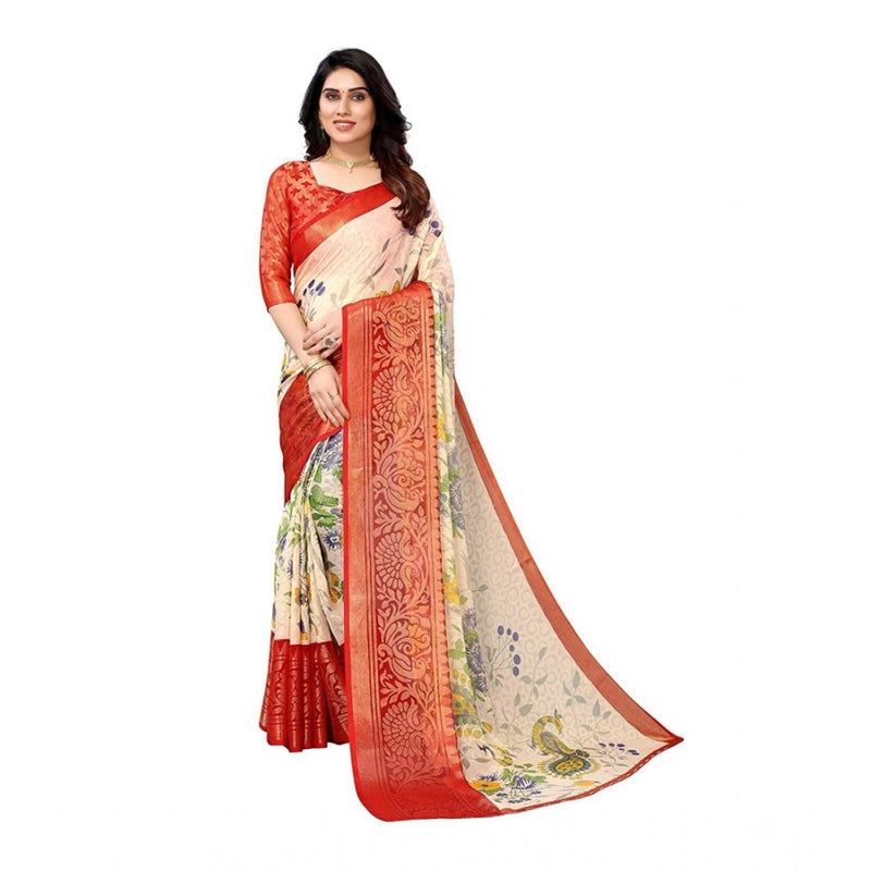 Mayawye Women's Viscose Rayon Printed Saree With Unstitched Blouse (Red)