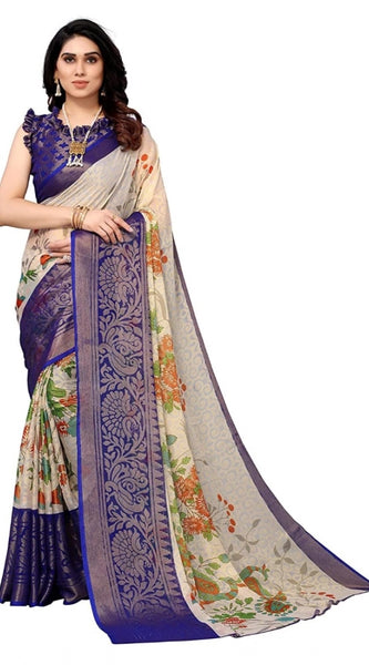 Mayawye Women's Viscose Rayon Printed Saree With Unstitched Blouse (Blue)