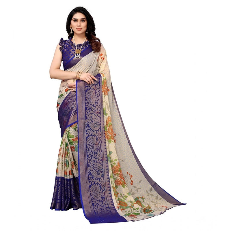 Mayawye Women's Viscose Rayon Printed Saree With Unstitched Blouse (Blue)