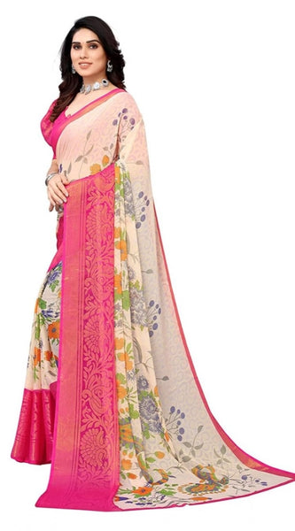Mayawye Women's Viscose Rayon Printed Saree With Unstitched Blouse (Pink)