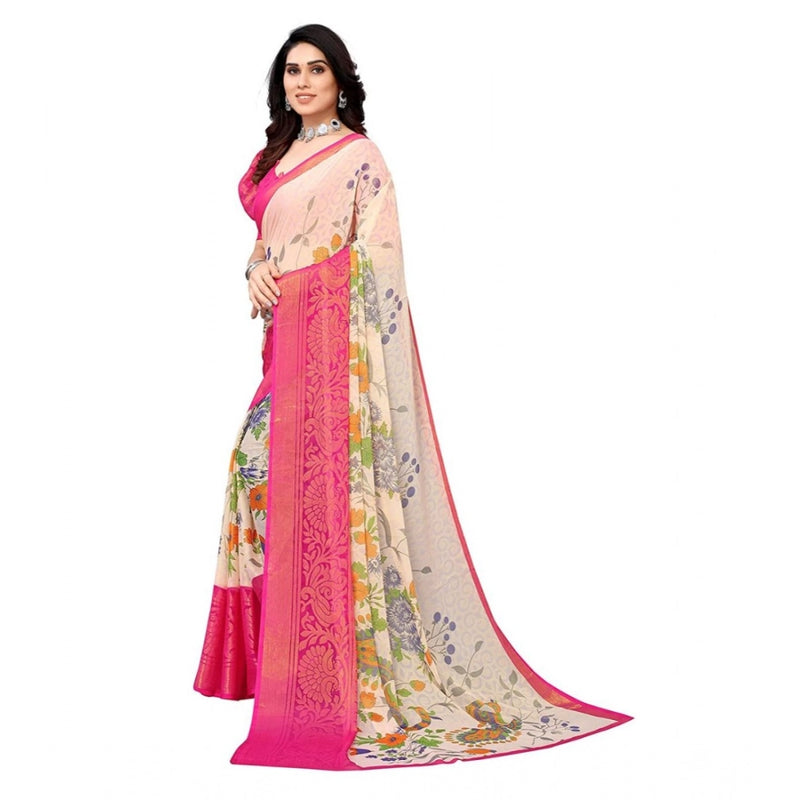 Mayawye Women's Viscose Rayon Printed Saree With Unstitched Blouse (Pink)
