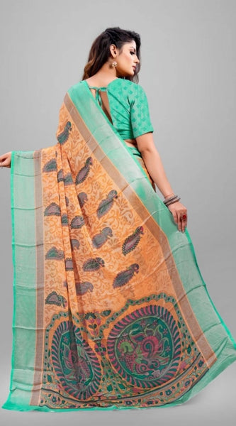 Mayawye Women's Viscose Rayon Printed Saree With Unstitched Blouse (Orange)