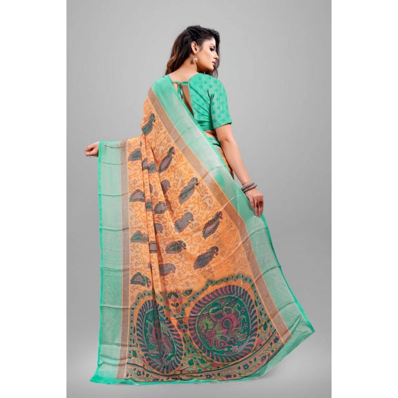 Mayawye Women's Viscose Rayon Printed Saree With Unstitched Blouse (Orange)