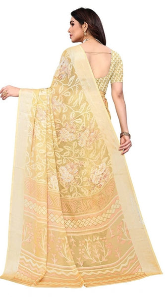 Mayawye Women's Viscose Rayon Printed Saree With Unstitched Blouse (Yellow)