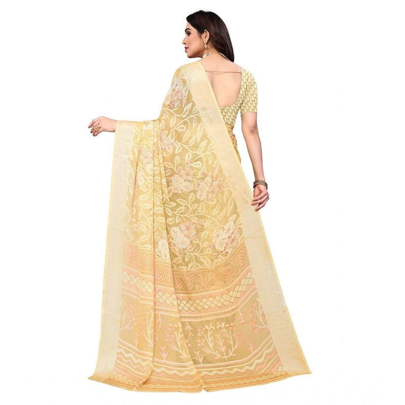 Mayawye Women's Viscose Rayon Printed Saree With Unstitched Blouse (Yellow)