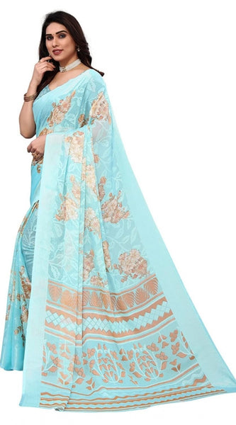 Mayawye Women's Viscose Rayon Printed Saree With Unstitched Blouse (Sky Blue)