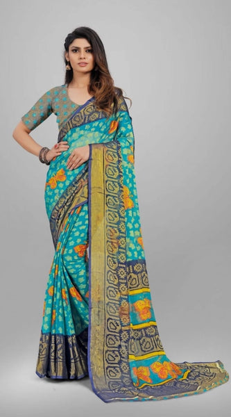 Mayawye Women's Viscose Rayon Printed Saree With Unstitched Blouse (Sky Blue)