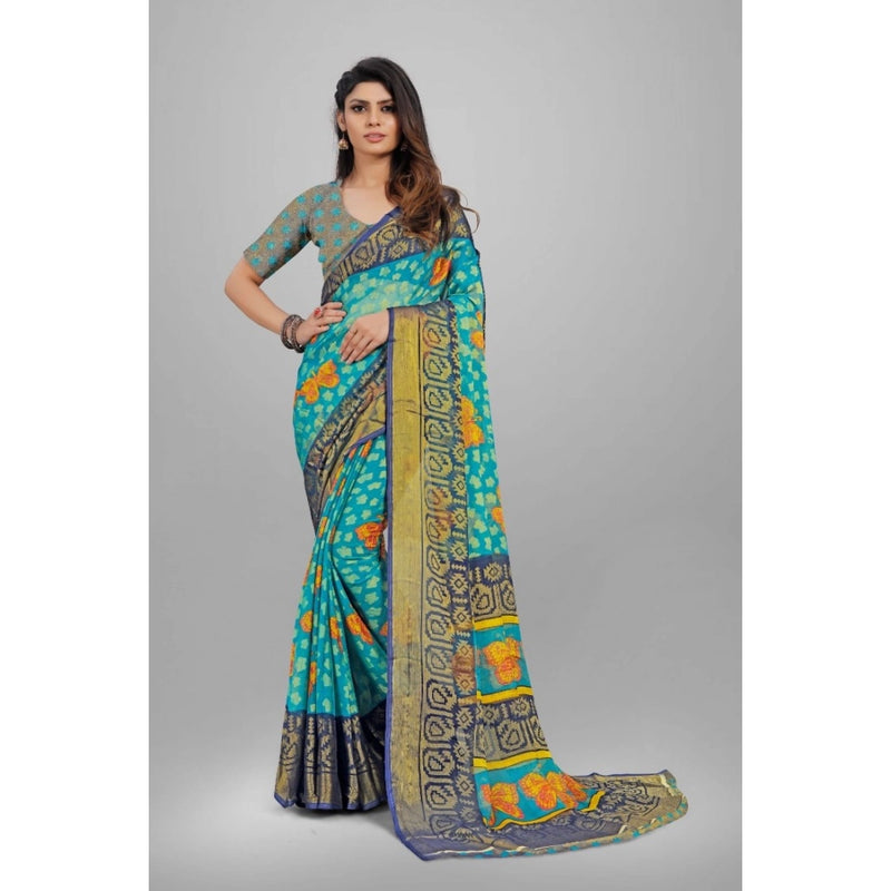 Mayawye Women's Viscose Rayon Printed Saree With Unstitched Blouse (Sky Blue)