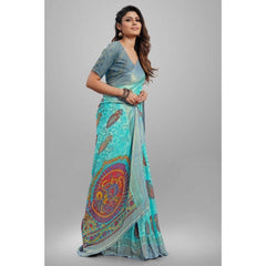 Mayawye Women's Viscose Rayon Printed Saree With Unstitched Blouse (Sky Blue)