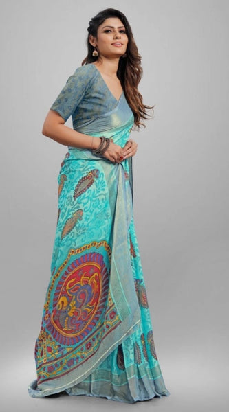Mayawye Women's Viscose Rayon Printed Saree With Unstitched Blouse (Sky Blue)