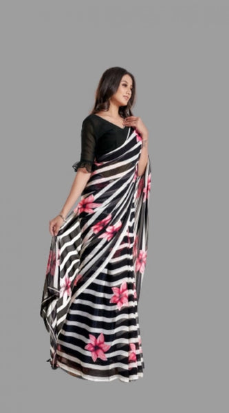 Mayawye Women's Georgette Printed Saree With Unstitched Blouse (Black)